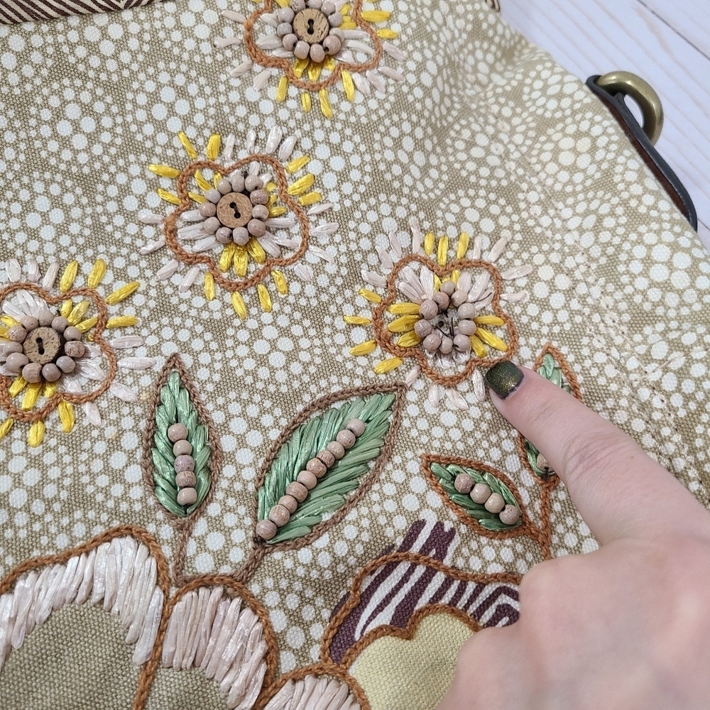 Vintage Fossil beaded canvas bag floral raffia sage green large - Picture 5 of 10